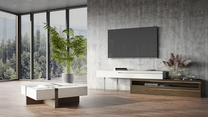 Modern White & Walnut Square Coffee Table w/ Storage