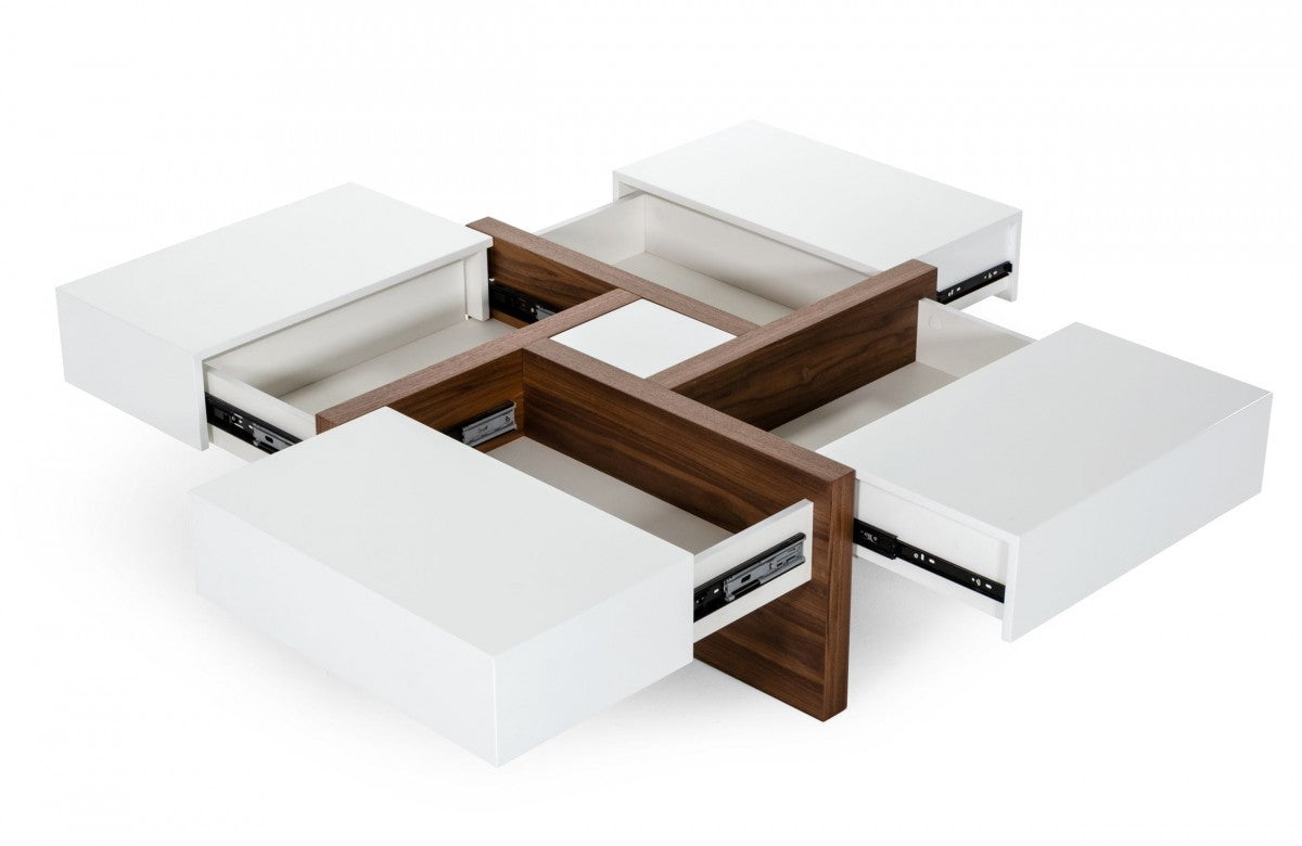 Modern White & Walnut Square Coffee Table w/ Storage