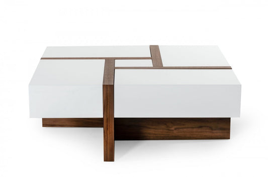Modern White & Walnut Square Coffee Table w/ Storage