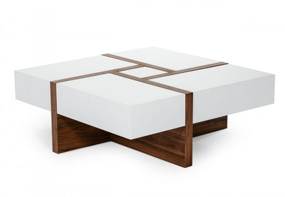 Brown & White Wood Square Solid Coffee Table w/ Four Drawers image 3