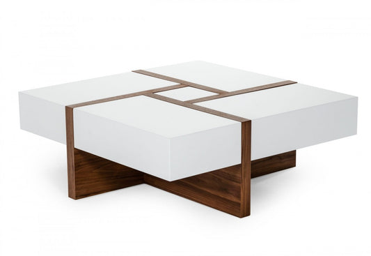 Brown & White Wood Square Solid Coffee Table w/ Four Drawers image 3