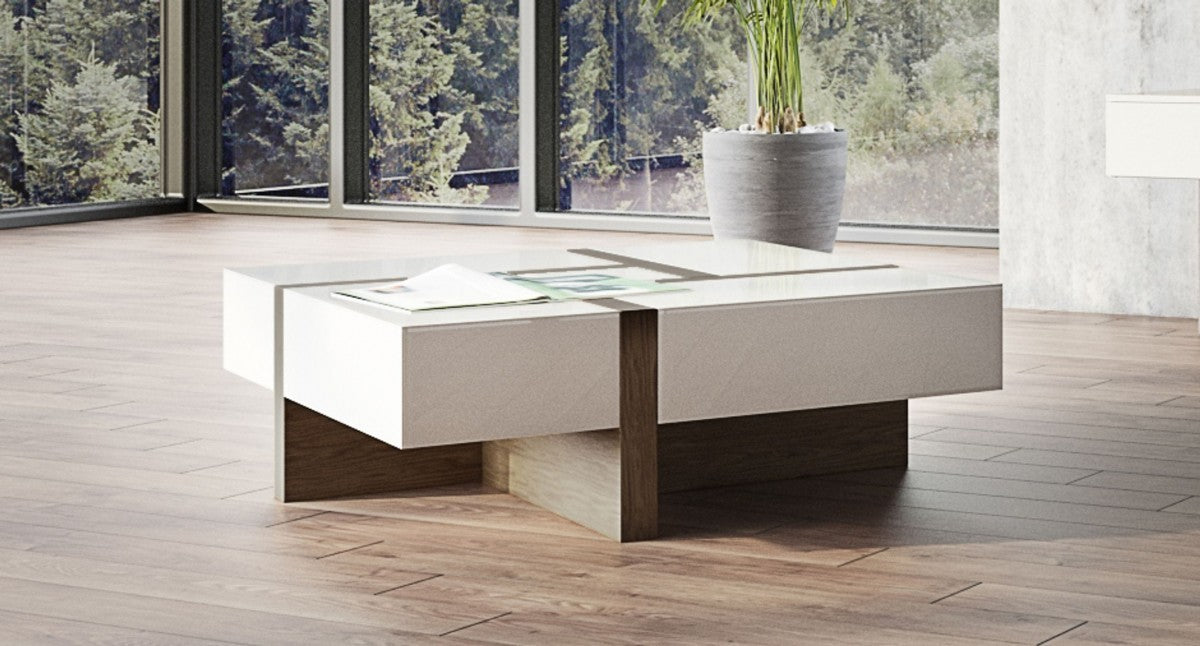 Brown & White Wood Square Solid Coffee Table w/ Four Drawers image 6