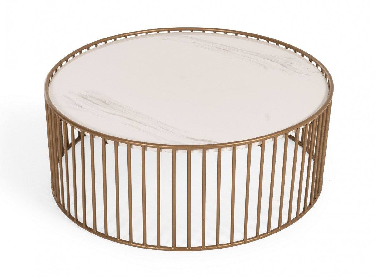 Modern Round White & Gold Faux Marble Coffee Table