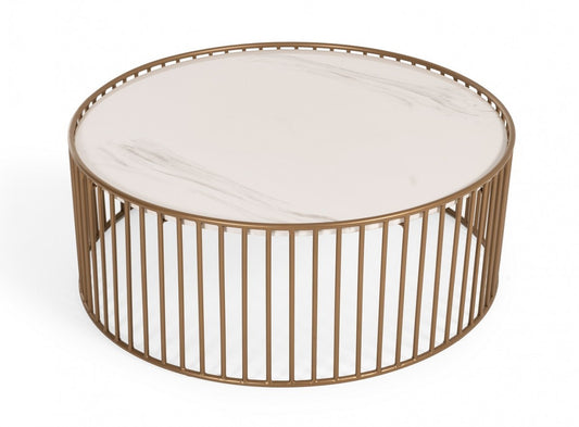 Modern Round White & Gold Faux Marble Coffee Table