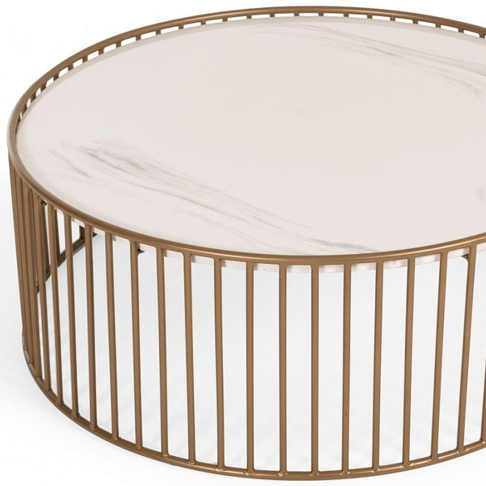 Modern Round White & Gold Faux Marble Coffee Table