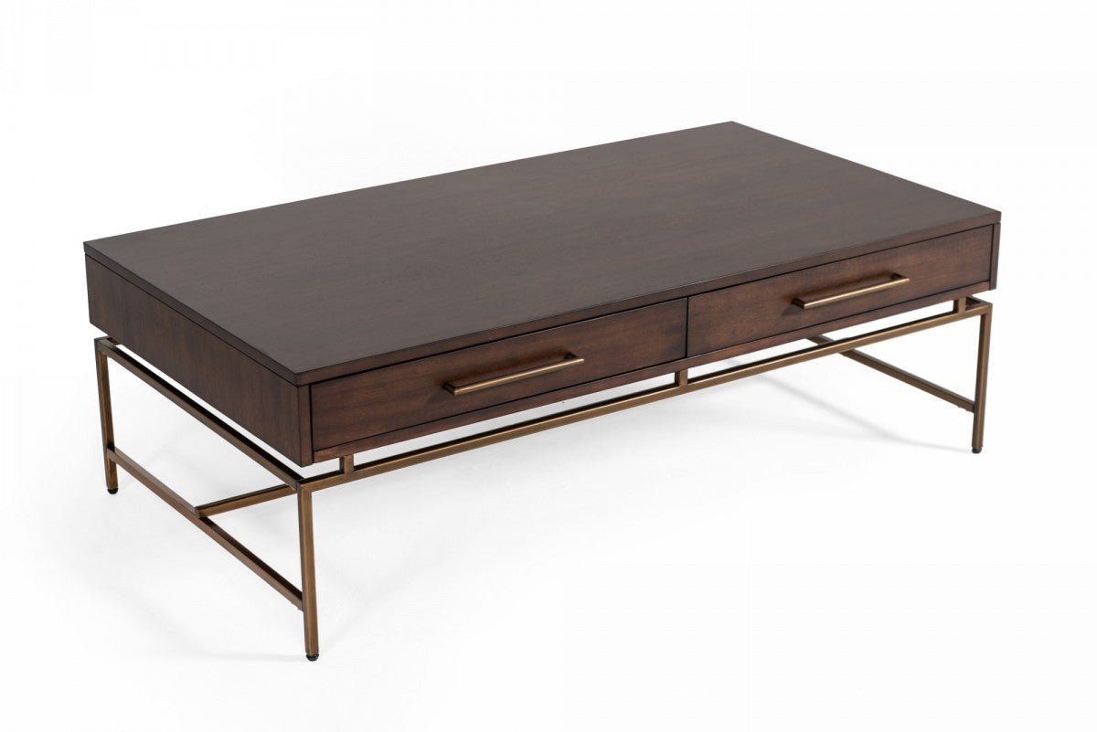 Mid Century Modern Acacia & Brass Coffee Table