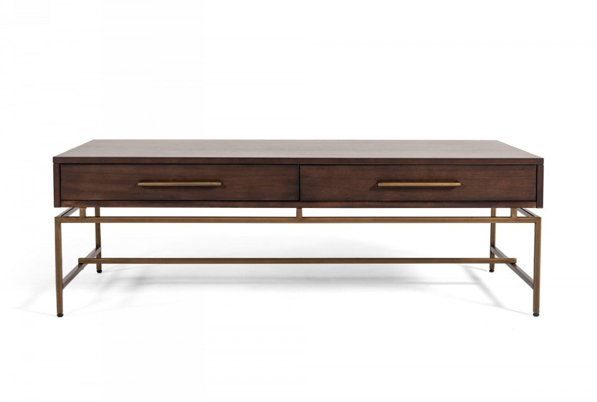 Mid Century Modern Acacia & Brass Coffee Table