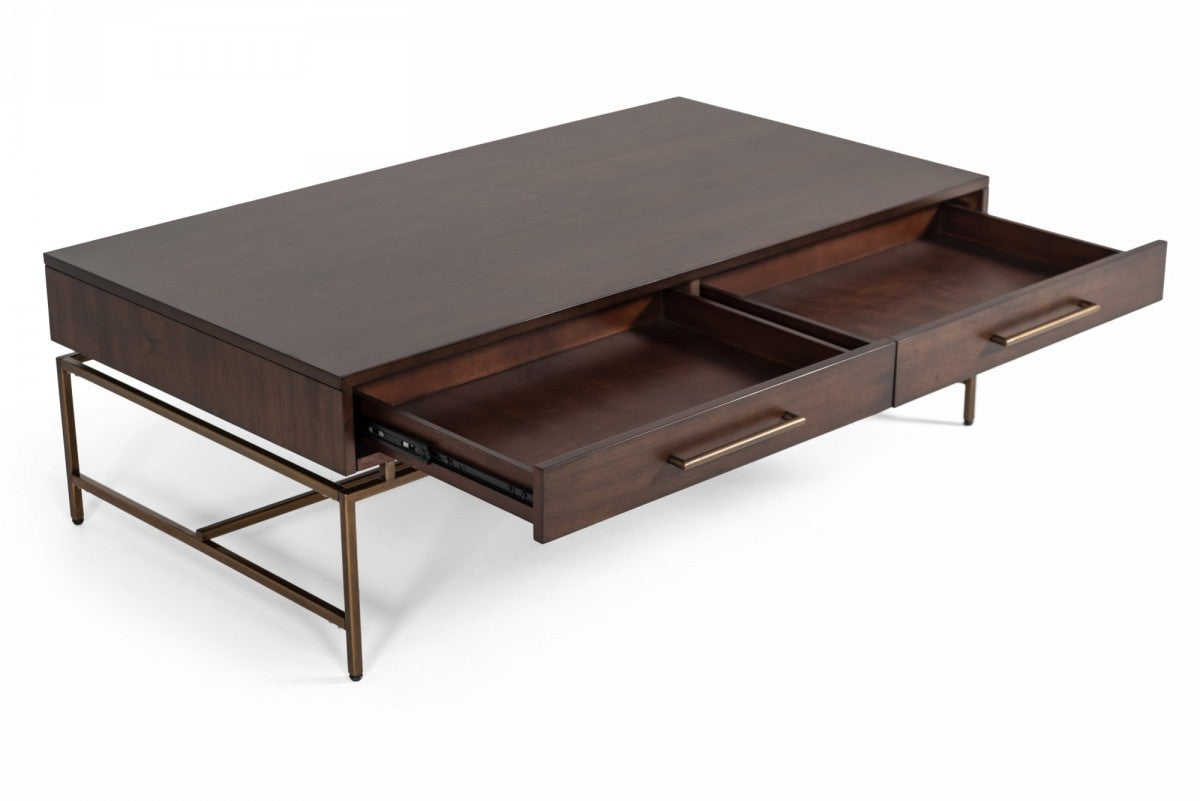 Mid Century Modern Acacia & Brass Coffee Table