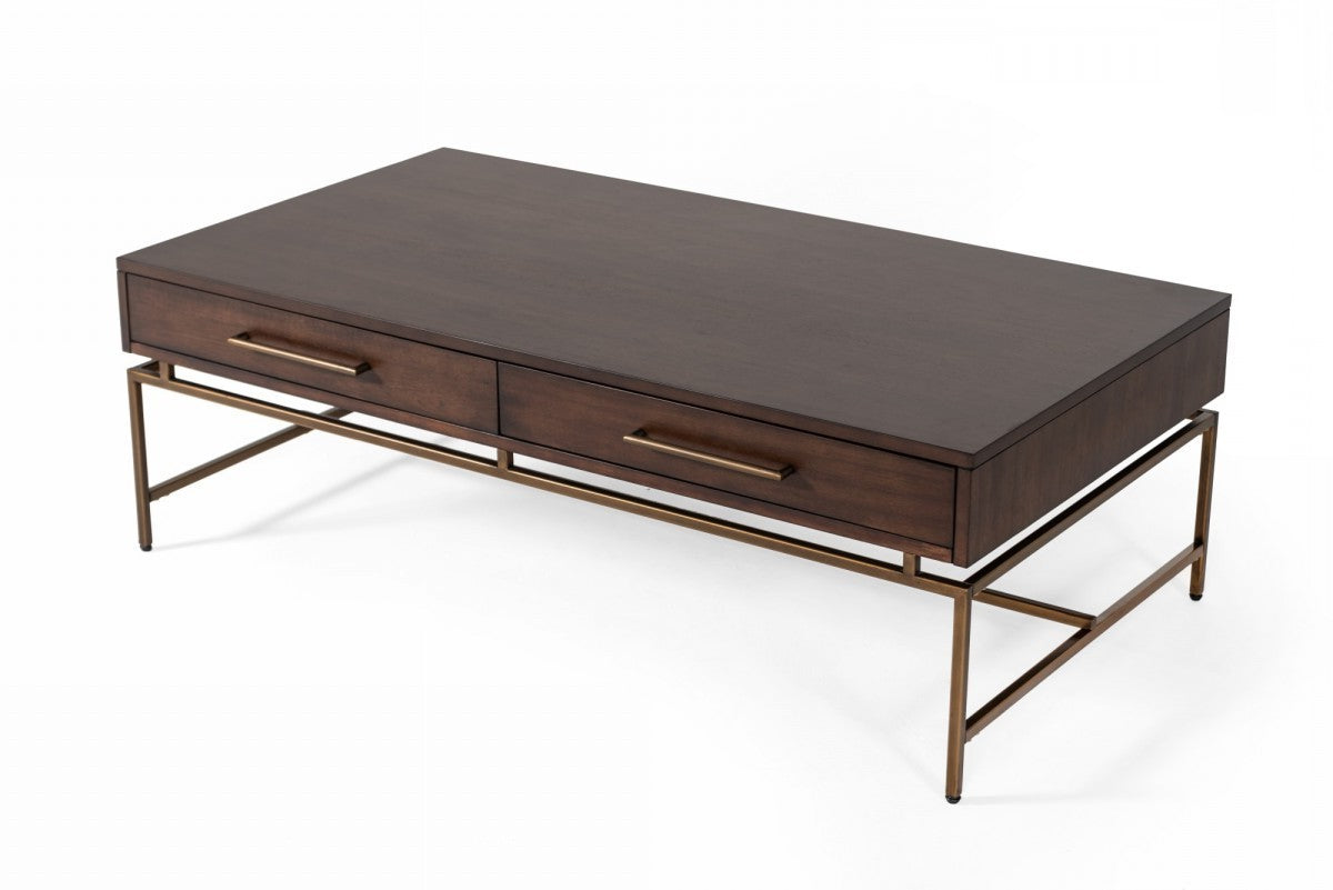Mid Century Modern Acacia & Brass Coffee Table