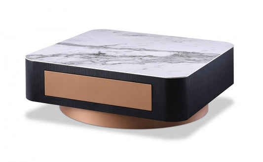 Modern White Black & Rose Gold Coffee Table w/ One Drawer