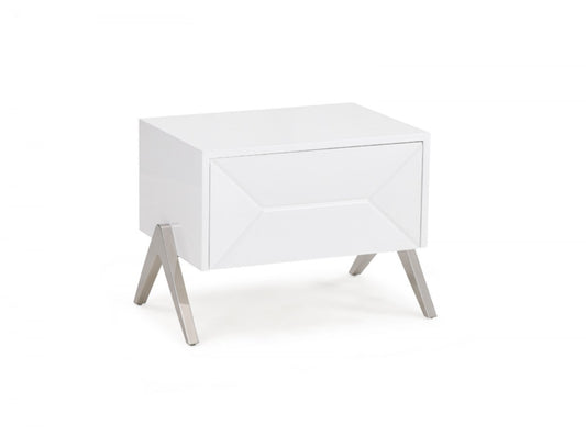 Modern Silky White Nightstand w/ Steel Legs