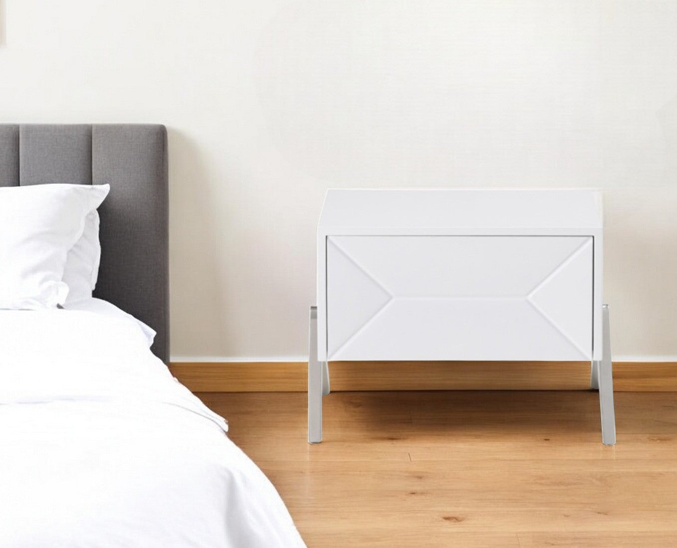 Modern Silky White Nightstand w/ Steel Legs