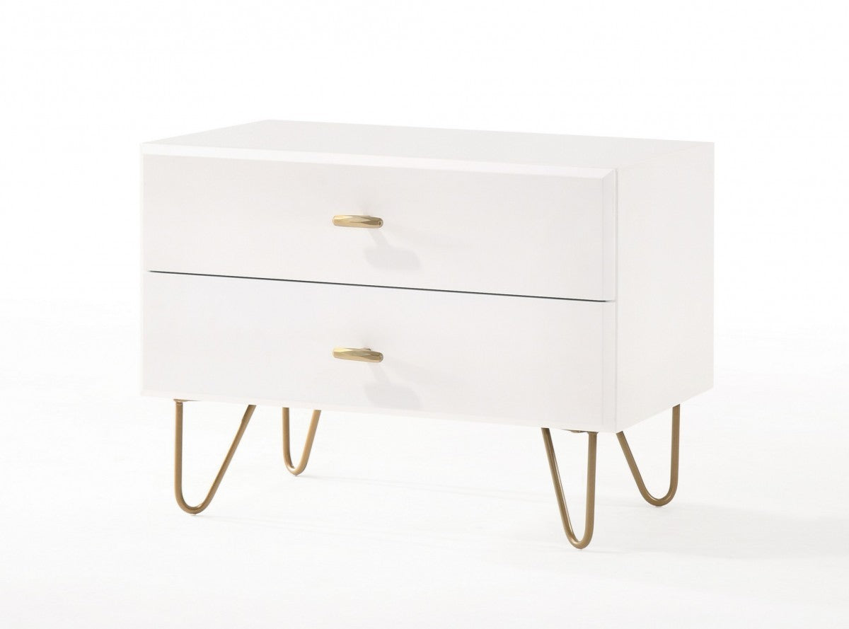 Contemporary White & Gold Nightstand w/ 2 Drawers