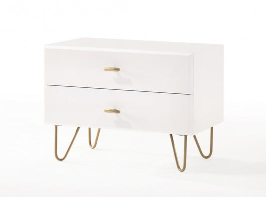 Contemporary White & Gold Nightstand w/ 2 Drawers