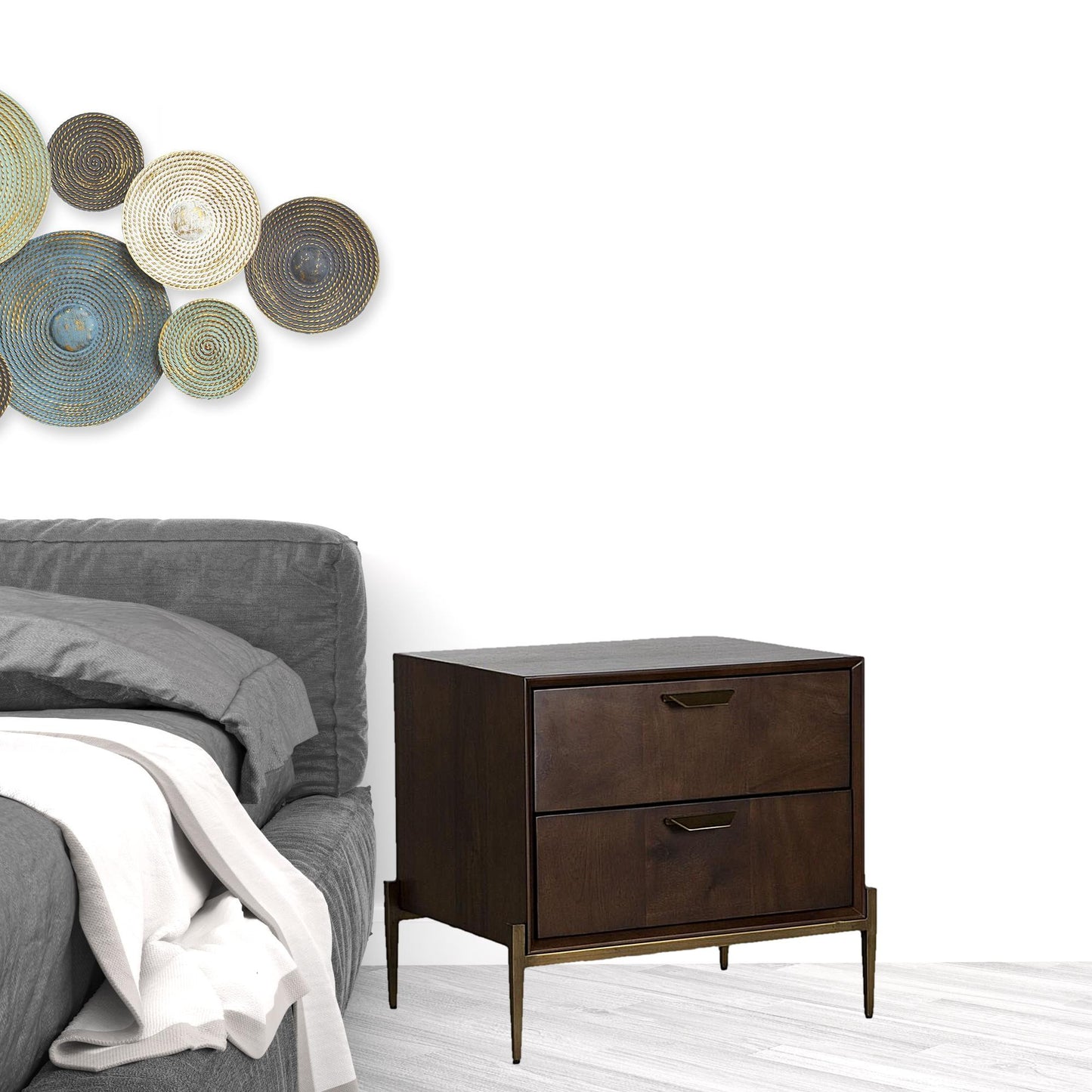 Brass 2 Drawer Solid Wood Nightstand