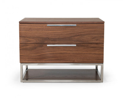 Walnut & Stainless Steel Nightstand w/ 2 Drawers