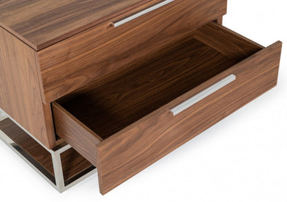 Walnut & Stainless Steel Nightstand w/ 2 Drawers