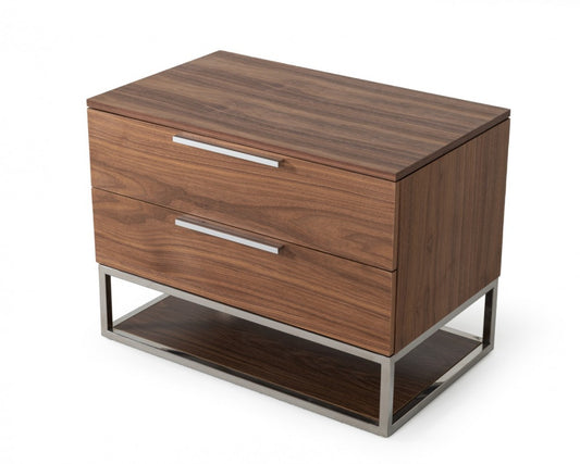 Walnut & Stainless Steel Nightstand w/ 2 Drawers