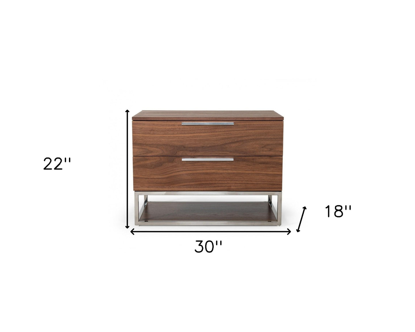 Walnut & Stainless Steel Nightstand w/ 2 Drawers