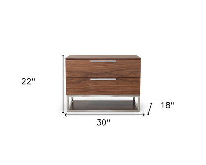Walnut & Stainless Steel Nightstand w/ 2 Drawers