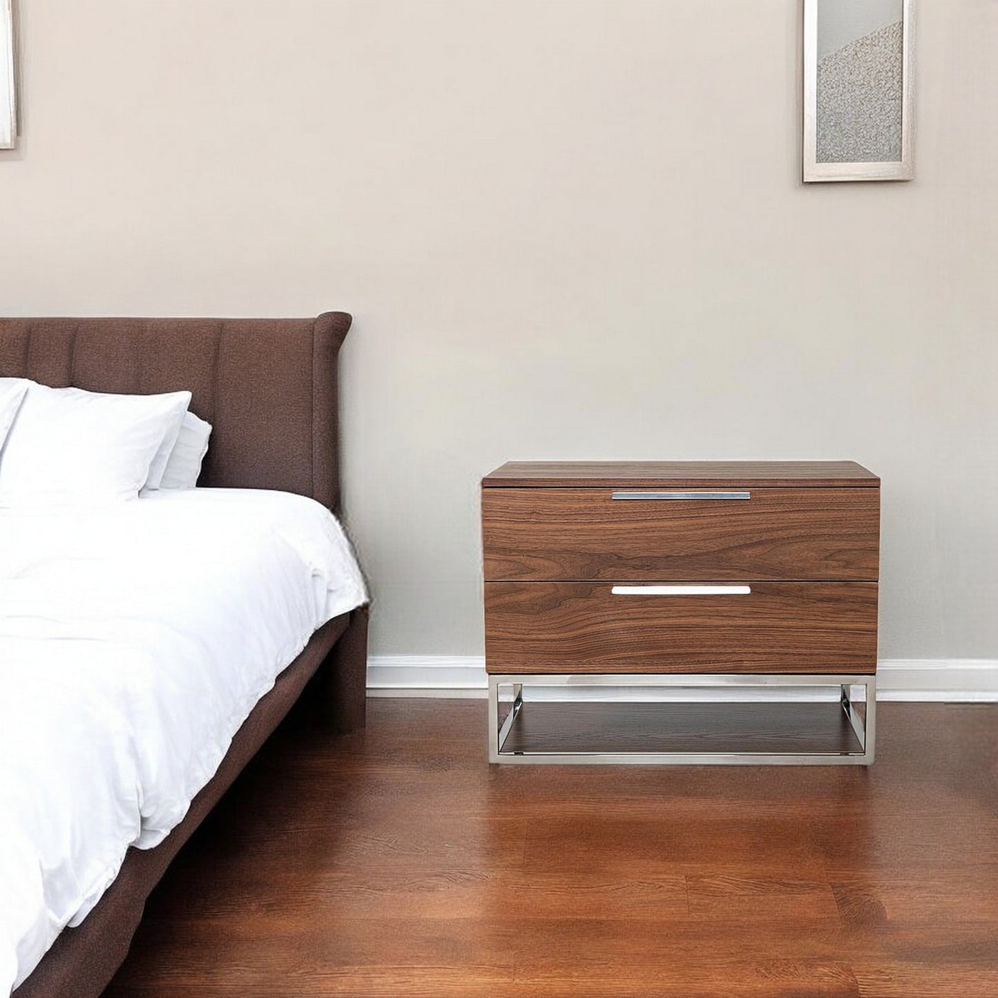 Walnut & Stainless Steel Nightstand w/ 2 Drawers