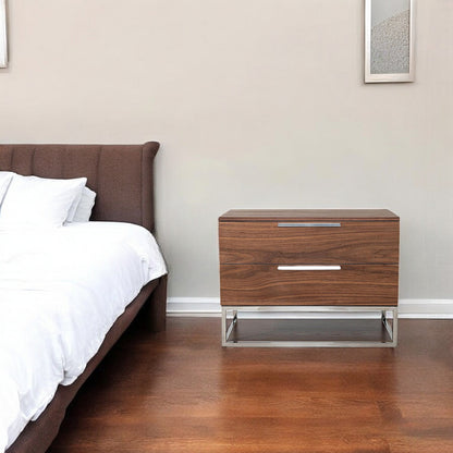 Walnut & Stainless Steel Nightstand w/ 2 Drawers