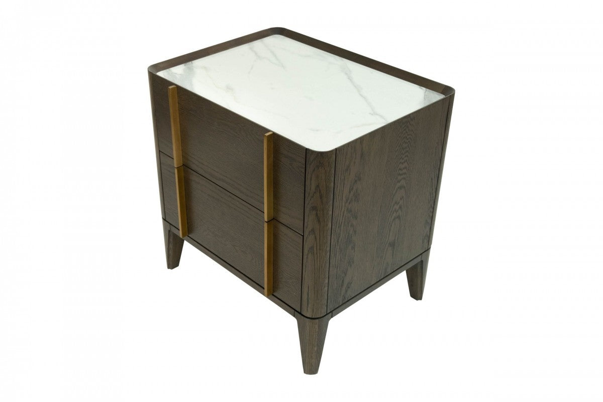 Mid Century Dark Brown & White Faux Marble Nightstand