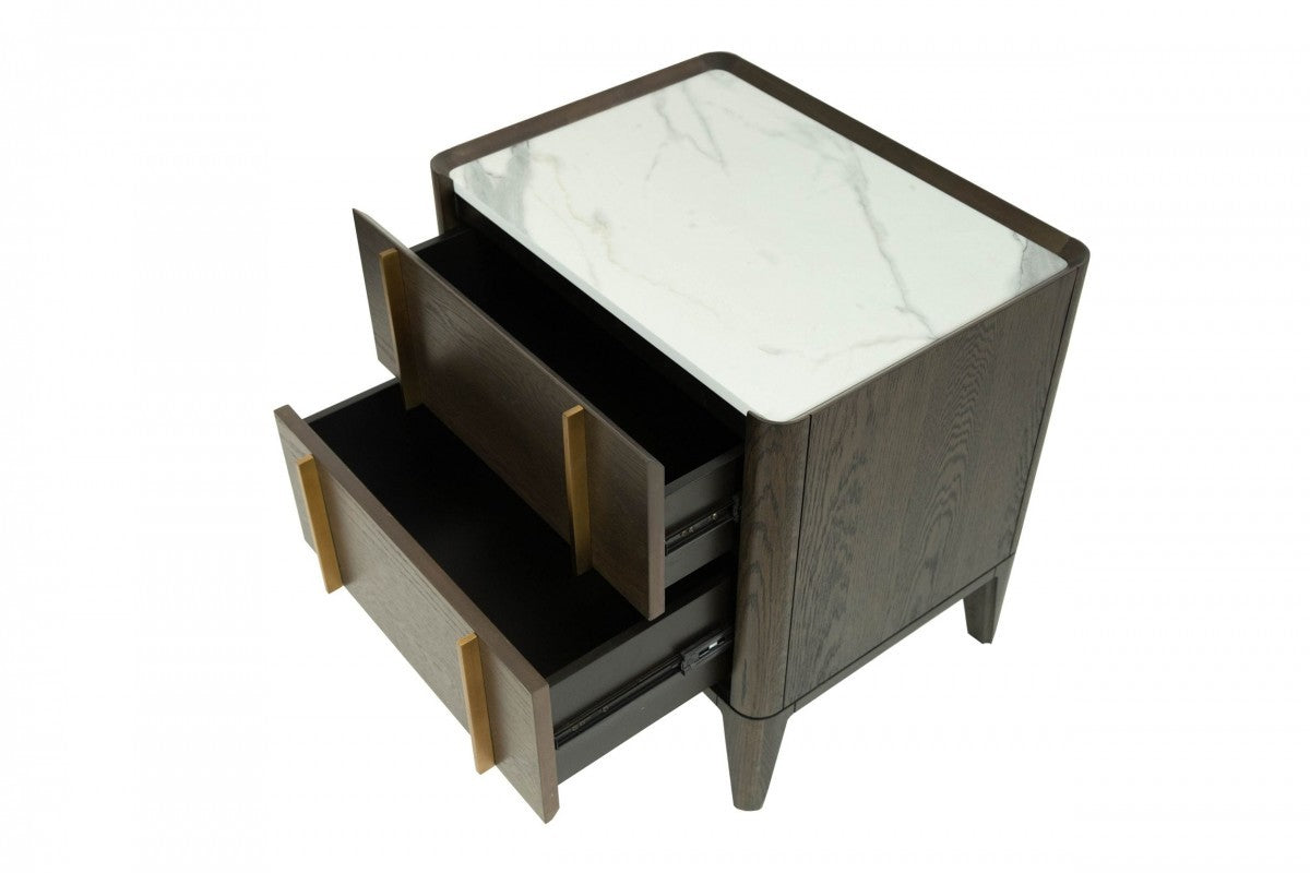 Mid Century Dark Brown & White Faux Marble Nightstand