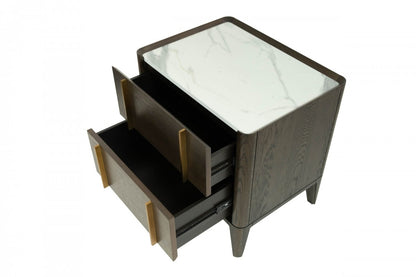 Mid Century Dark Brown & White Faux Marble Nightstand