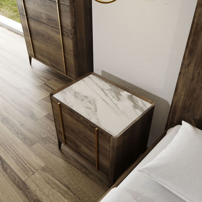 Mid Century Dark Brown & White Faux Marble Nightstand