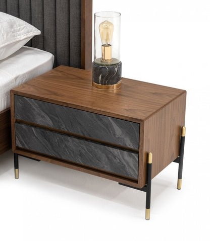 Mid Century Walnut & Gray Faux Marble Nightstand