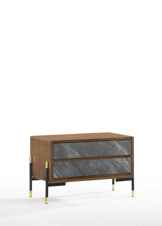 Mid Century Walnut & Gray Faux Marble Nightstand