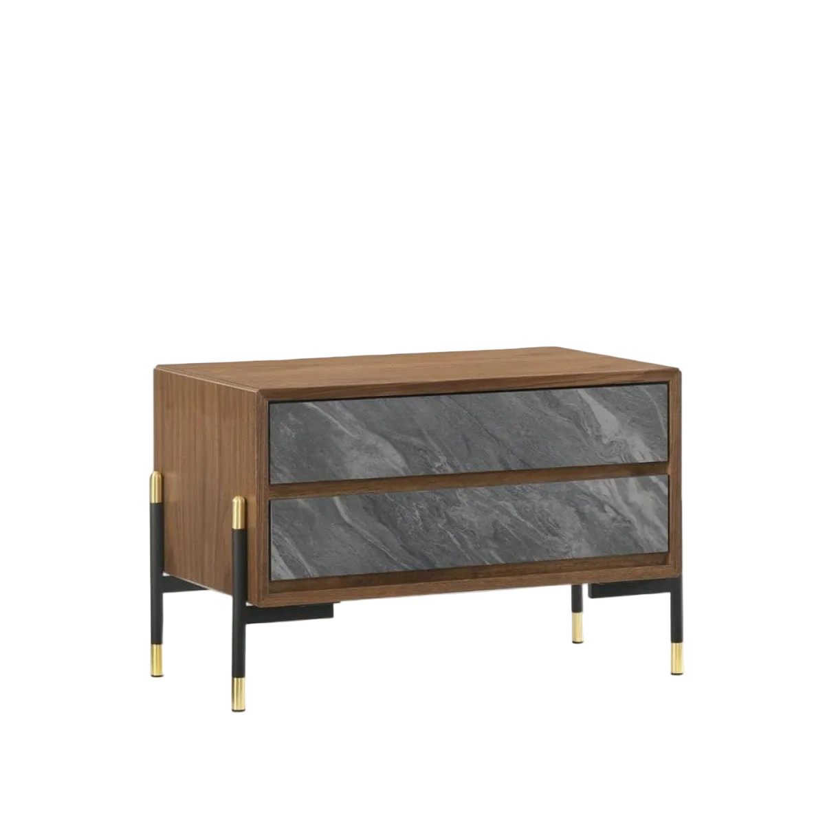Mid Century Walnut & Gray Faux Marble Nightstand