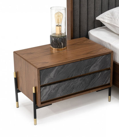 Mid Century Walnut & Gray Faux Marble Nightstand