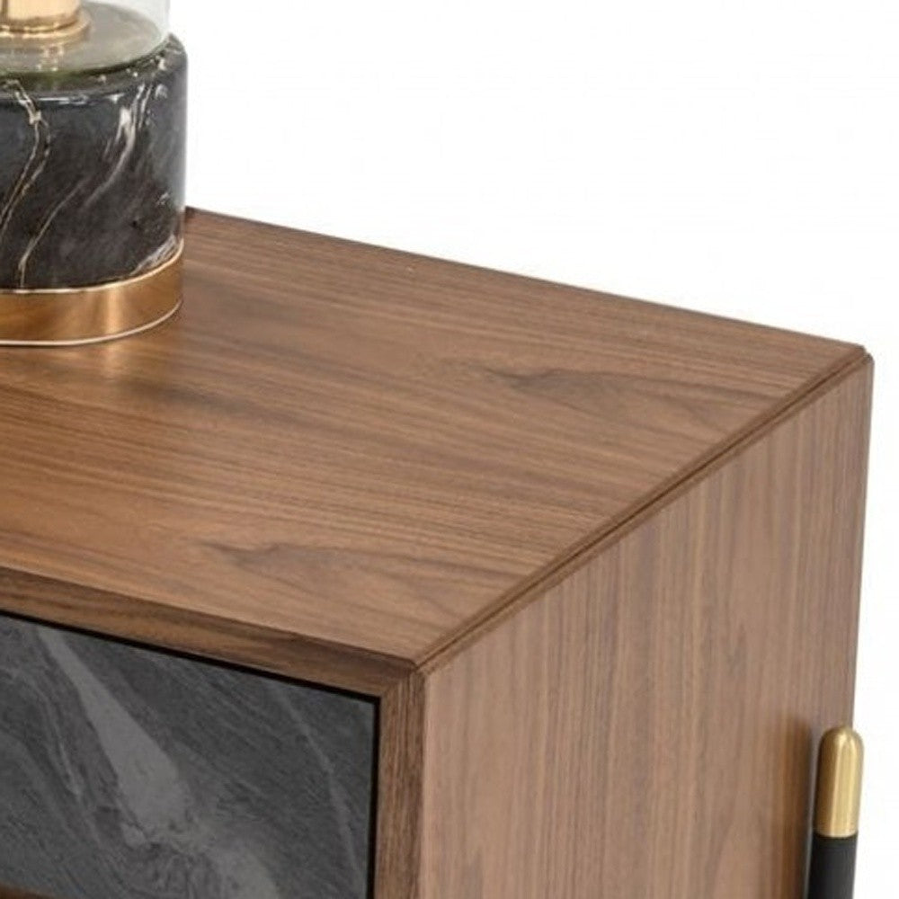 Mid Century Walnut & Gray Faux Marble Nightstand