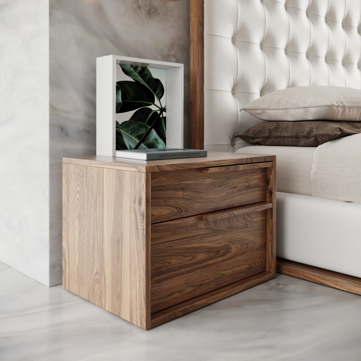 Modern Light Brown Walnut Nightstand w/ 2 Drawers