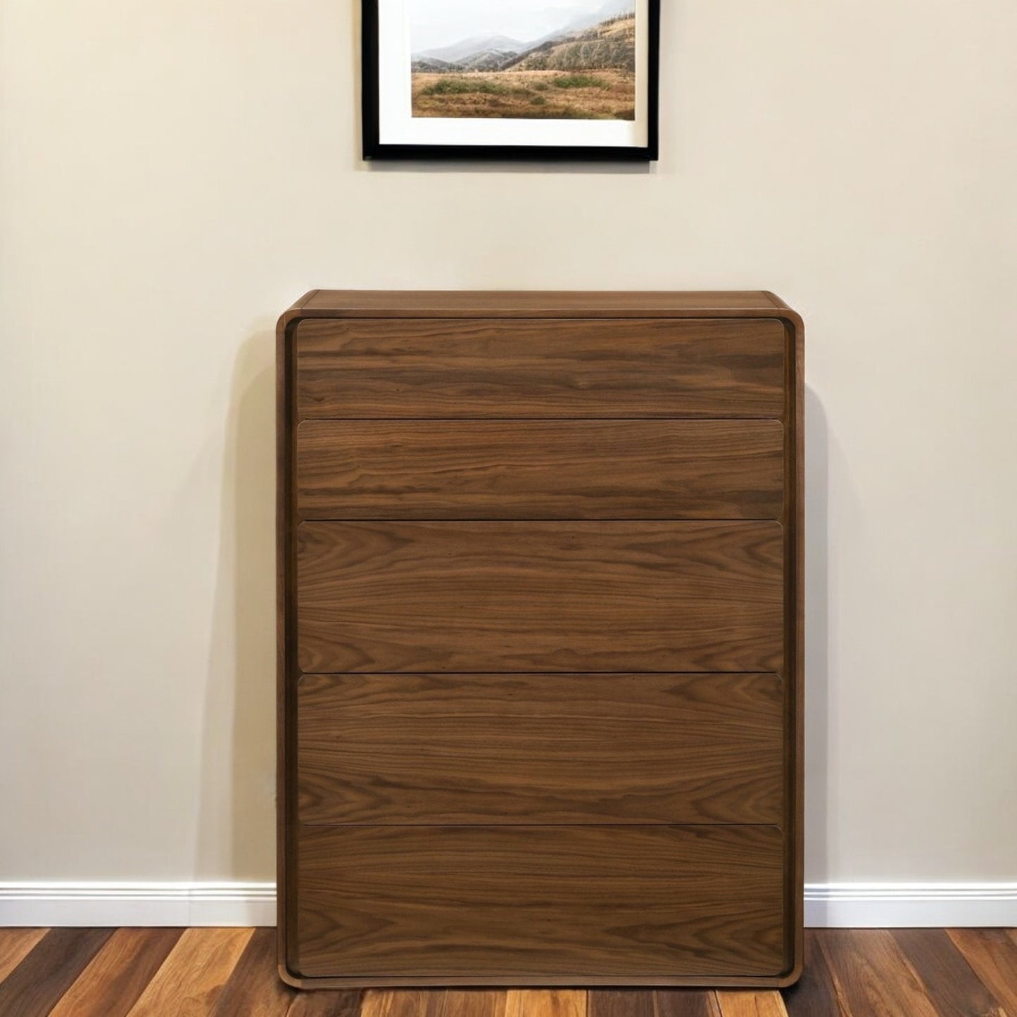 Walnut Solid Wood Five Drawer Chest image 1