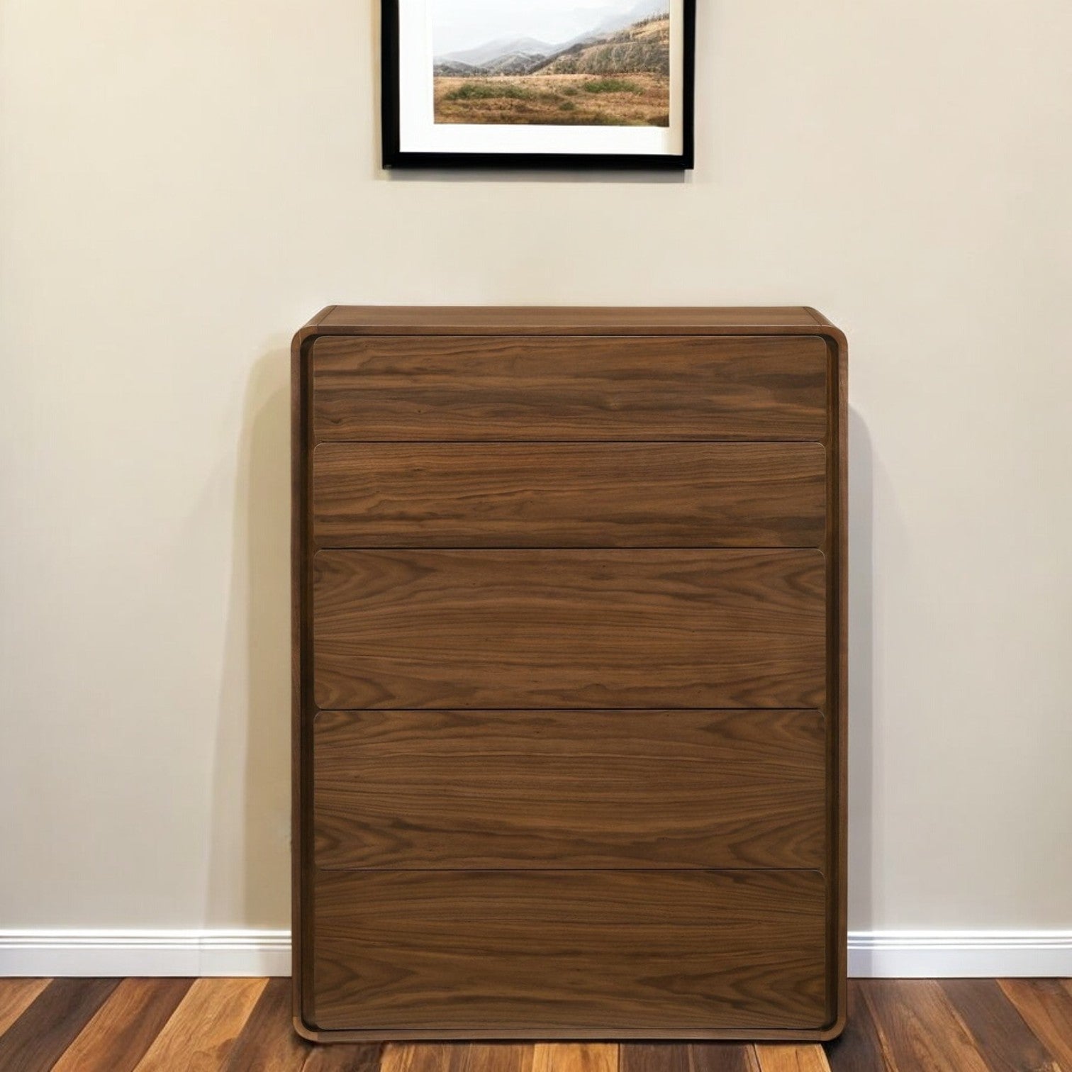 Walnut Solid Wood Five Drawer Chest image 1