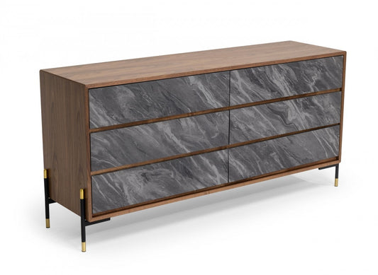Walnut And Grey Faux Marble Wood Six Drawer Double Dresser image 2