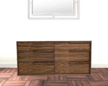 Grey Faux Marble and Black Wood 6-Drawer Double Dresser