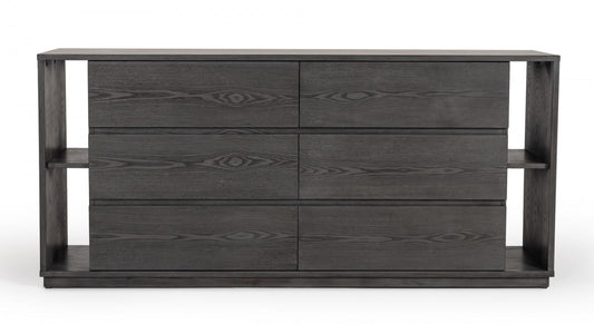 Walnut And Grey Faux Marble Wood 6-Drawer Double Dresser
