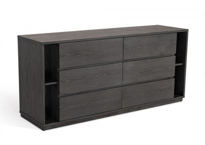 Walnut And Grey Faux Marble Wood 6-Drawer Double Dresser
