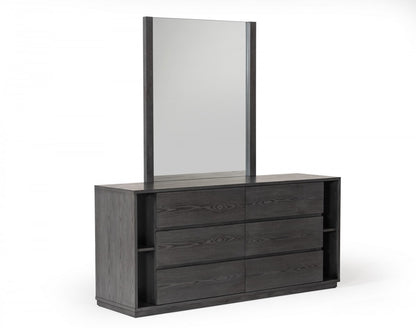 Walnut And Grey Faux Marble Wood 6-Drawer Double Dresser
