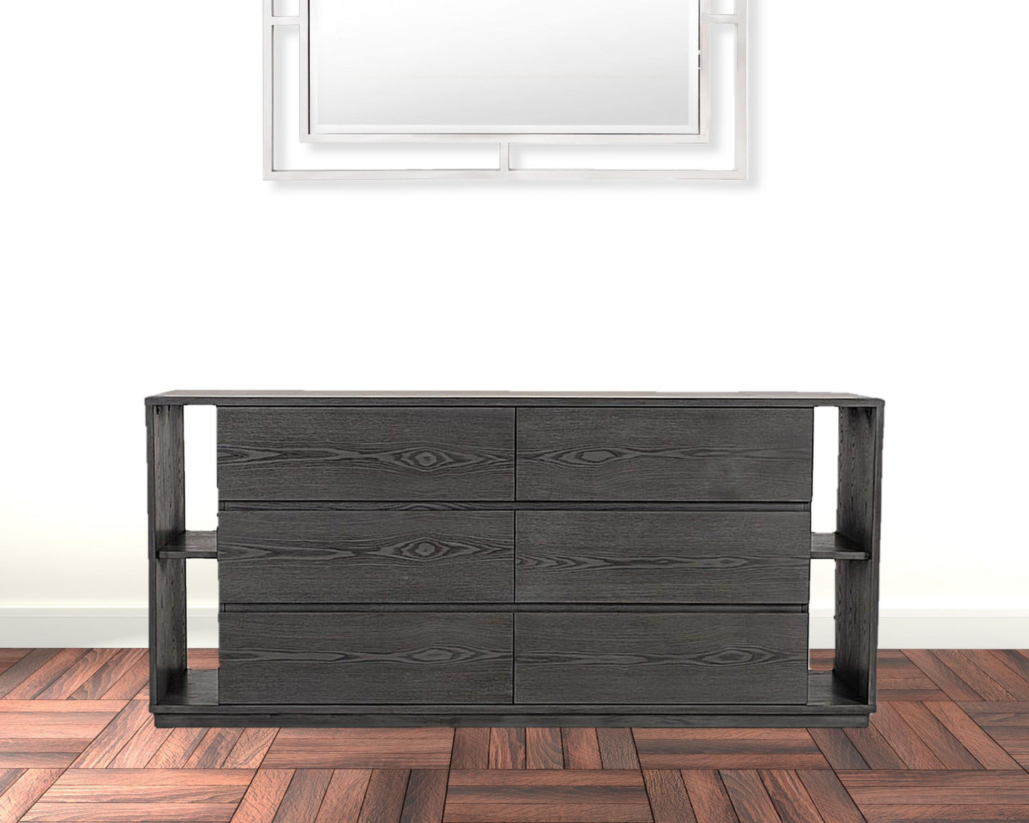 Walnut And Grey Faux Marble Wood 6-Drawer Double Dresser