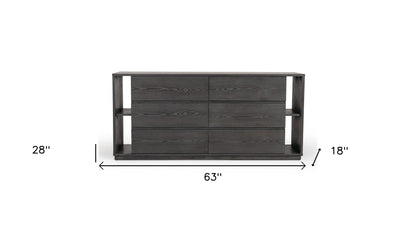 Walnut And Grey Faux Marble Wood 6-Drawer Double Dresser