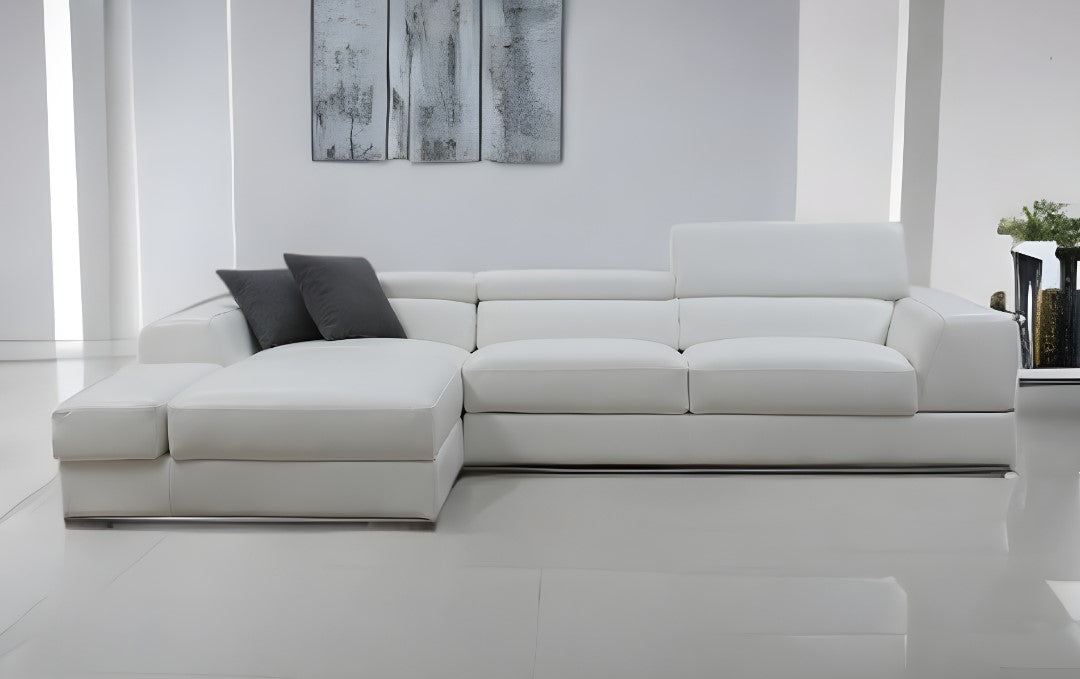 White Genuine Leather L Shaped 2 Piece Sectional w/ Console