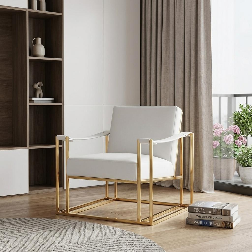 White & Gold Faux Leather Lounge Chair