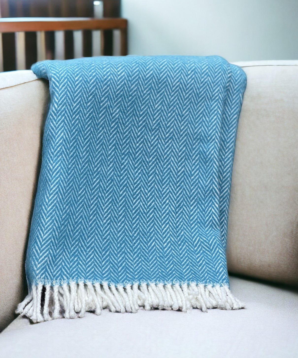 Teal & White Woven Herringbone Throw