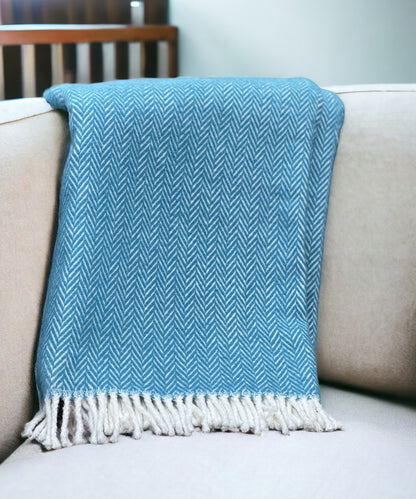 Teal & White Woven Herringbone Throw