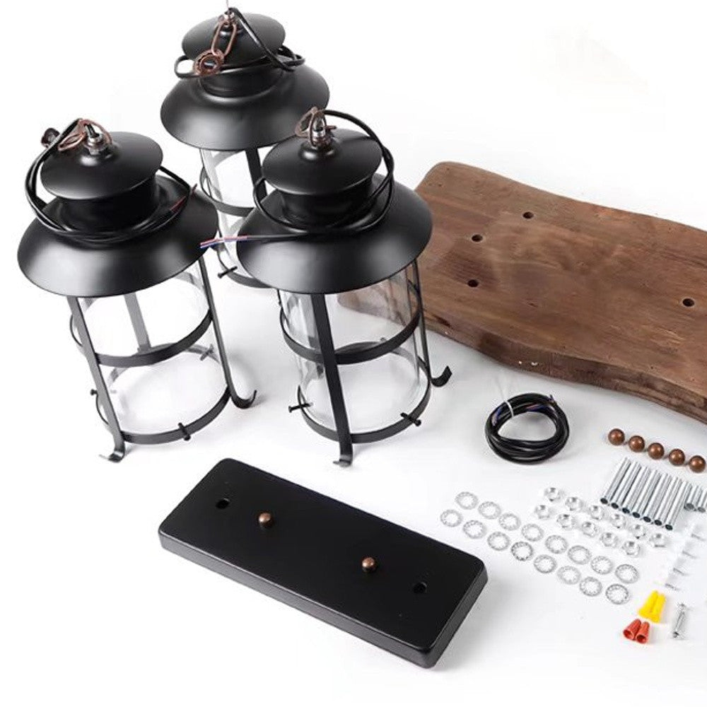 Rustic Wood & 3 Light Hanging Lantern Chandelier